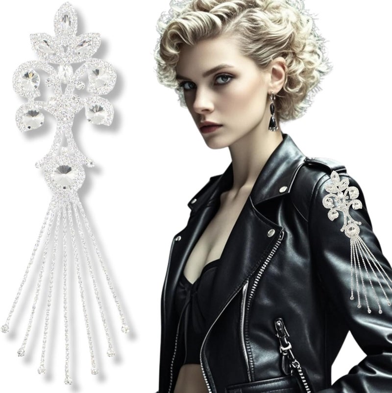 PEARLY JUN Rhinestone Applique Patches Silver Diamond Epaulettes Shoulder Trim Fringe Patches for Dresses Hand Sewing Craft Projects DIY Wedding Clothes Shoes Hats Bag Embellishments - Image 1
